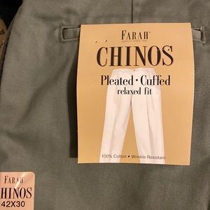 NWT Farah Khaki Olive Green Pleated Cuff Pants Mens Size 42x30